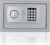 A close-up, front-facing studio shot of a gray electronic safe with a keypad and a dial, reflected on a white surface. Produktbild-Vorschau