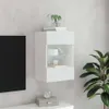 A white wall-mounted cabinet with glass shelves and LED lighting, placed next to a black television screen and a potted plant. Anteprima dell’immagine prodotto