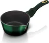 A green saucepan with a black interior and a gold accent on the handle, isolated on a white background. Anteprima dell’immagine prodotto