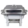 A stainless steel chafing dish with a lid, shown from the front. Produktbild-Vorschau