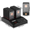 A black restaurant pager system with multiple pagers on a charging base, with dimensions indicated by measurement lines and text. Voir les images du produit