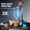 A marketing image showcasing the triple safety features of a core drilling machine, with detailed close-ups of each safety mechanism. Anteprima dell’immagine prodotto