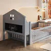 A child's bed with a house-shaped headboard and a chalkboard, set in a room with a desk and shelves. Náhled obrázku produktu