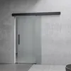 A frosted glass sliding door with a black handle against a concrete wall. Produktbild-Vorschau