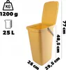 A yellow plastic waste bin with an open lid, showing its dimensions and capacity. Podgląd zdjęcia produktu