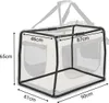 A beige fabric dog transport box with black metal frame and mesh inserts, shown with dimensions indicated. Náhľad obrázku produktu