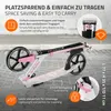 A pink and white scooter is shown with various text callouts highlighting its features. Náhľad obrázku produktu