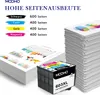 A stack of paper with charts and graphs next to a stack of ink cartridges, with text indicating page yield. Produktbild-Vorschau