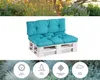 A teal pallet sofa cushion set is displayed on a white background, with a garden scene at the top and icons with text at the bottom. Voir les images du produit