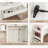 A collage of four images showcasing different features of a white vanity table. Produktbild-Vorschau