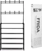 A black shoe rack with a clothes hanger and a cardboard packaging box next to it. Produktbild-Vorschau