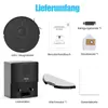 A collage of images showing the contents of a robot vacuum cleaner package, including the robot, charging station, accessories, and documentation. Produktbild-Vorschau