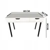 A diagram of a white desk with black legs, showing its dimensions. Podgląd zdjęcia produktu