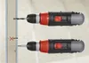 Two cordless drills are shown, one drilling into wood and the other showing a screw being driven into wood. The drills are positioned next to a piece of wood with markings indicating correct and incorrect usage. Podgląd zdjęcia produktu