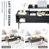 A collage of images showing a black lift-top coffee table in different configurations and settings. Voir les images du produit