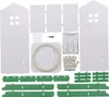 An overhead view of unassembled parts for a children's bookshelf, including white panels and green base pieces, along with assembly instructions and a pair of gloves. Náhled obrázku produktu