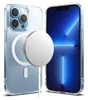 A clear protective case for an iPhone 13 Pro is shown next to a MagSafe charger and an iPhone 13 Pro. Produktbild-Vorschau