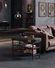 A modern living room with a brown sofa, shelves, and a black bench with storage. Náhled obrázku produktu