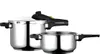 Two stainless steel pots, one a pressure cooker, are displayed against a white background. Náhľad obrázku produktu