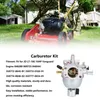 A person is mowing a lawn with a red and black lawnmower, and a carburetor kit is shown in the foreground. Náhled obrázku produktu