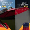 A split image showing a red umbrella in two different scenarios: one in daylight with text indicating shade, and another at night with lights on and a solar panel, indicating light. Produktbild-Vorschau