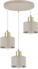 A three-light pendant lamp with beige fabric shades and gold-colored metal accents, suspended from a round beige ceiling plate. Produktbild-Vorschau