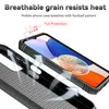 A close-up view of a black mobile phone case, highlighting its breathable grain texture and protective features. Arrows indicate airflow, suggesting heat dissipation. Produktbild-Vorschau