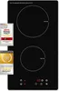 A black induction cooktop with two heating zones and control panel. It has several award badges on the left side. Produktbild-Vorschau