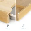 A split image showing close-ups of a bamboo cutting board with a metal drawer, highlighting its material and features. Produktbild-Vorschau