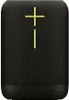 A black portable speaker with a yellow logo. Produktbild-Vorschau