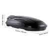 A black car roof box with dimensions indicated by measurement lines and text. Voir les images du produit