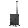 A black metal outdoor stove with a silver chimney, shown against a white background. Produktbild-Vorschau