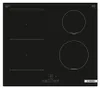 A top-down view of a black induction cooktop with four cooking zones and control panel. Voir les images du produit