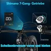 Close-up view of an electric bicycle's handlebars, display, and gear shifter, with text overlays highlighting features. Produktbild-Vorschau