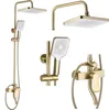 A collection of gold-colored shower fixtures, including a rain shower head, a handheld shower head, and a faucet. Anteprima dell’immagine prodotto