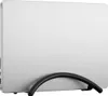 A silver laptop is standing vertically in a black stand. Produktbild-Vorschau