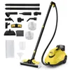 A steam cleaner and its accessories are laid out on a white background. Produktbild-Vorschau