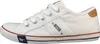 A side view of a white canvas sneaker with white laces and a brown accent on the heel. Produktbild-Vorschau