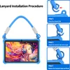 An image showing a tablet with a blue lanyard attached, along with a step-by-step guide on how to install the lanyard. Produktbild-Vorschau