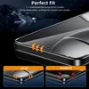 A close-up of a phone screen protector being applied, with comparison shots showing good and bad application. Produktbild-Vorschau