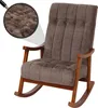 A brown upholstered rocking chair with wooden legs and armrests, shown against a white background. A magnified inset shows the texture of the fabric. Podgląd zdjęcia produktu