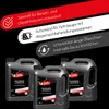 Three canisters of motor oil are displayed against a black background, with marketing text and icons overlaid in the upper portion of the image. Produktbild-Vorschau