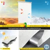 A collage of images demonstrating the features of a thermal roller blind, including its insulating properties in summer and winter, UV resistance, and ultrasonic cut edge. Produktbild-Vorschau
