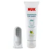 A NUK baby toothpaste tube and a finger toothbrush are displayed against a white background. Anteprima dell’immagine prodotto