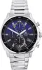 A close-up studio shot of a silver men's wristwatch with a blue dial. Voir les images du produit