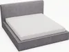 A studio shot of a gray upholstered bed frame with a white mattress on a white background. Produktbild-Vorschau