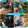 A collage of four images showing a mini chainsaw being used for different tasks: cutting wood, trimming a garden, cutting pipes, and DIY work. Produktbild-Vorschau
