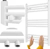A white towel radiator is shown with a close-up of its mounting bracket and a person's hands touching the radiator. Náhľad obrázku produktu