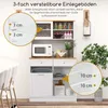 A kitchen cabinet with a microwave, shelves, and storage compartments, with close-up insets highlighting adjustable shelf heights. Podgląd zdjęcia produktu