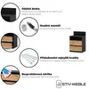 Collage of images highlighting features of a nightstand, including its durable surface, easy assembly, quality accessories, and maintenance. Náhled obrázku produktu